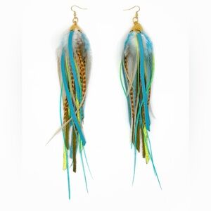 Bohemian Feather & Leather Earrings in Blue and Gold & neon green & yellow
